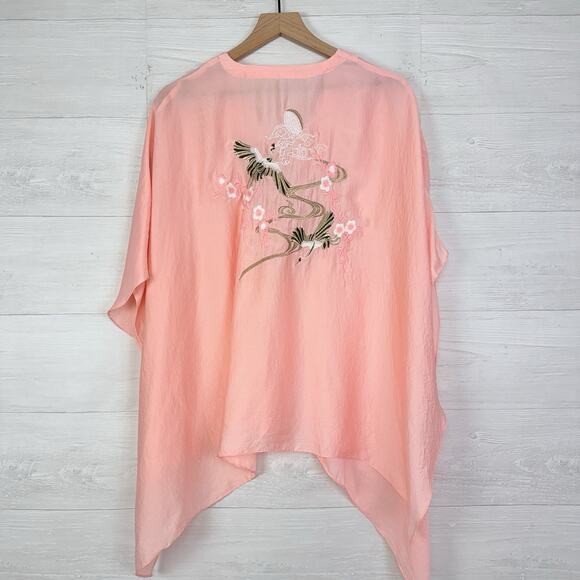 Anthropologie Floreat Kimono Top OS Pink Embroidered‎ Satin Boho Artsy Vacation - Picture 6 of 13